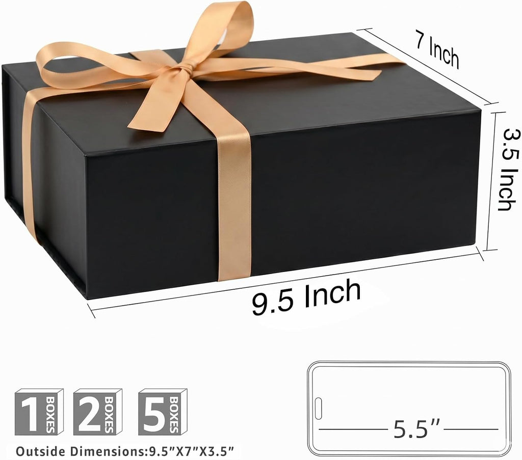 Black Gift Box with Magnetic Lids for Presents, 9.5"x7"x3.5" | with Ribbon, Card & Shredded Filler for Men, Birthday, Christmas, Father's Day & Groomsmen, 1 Pack