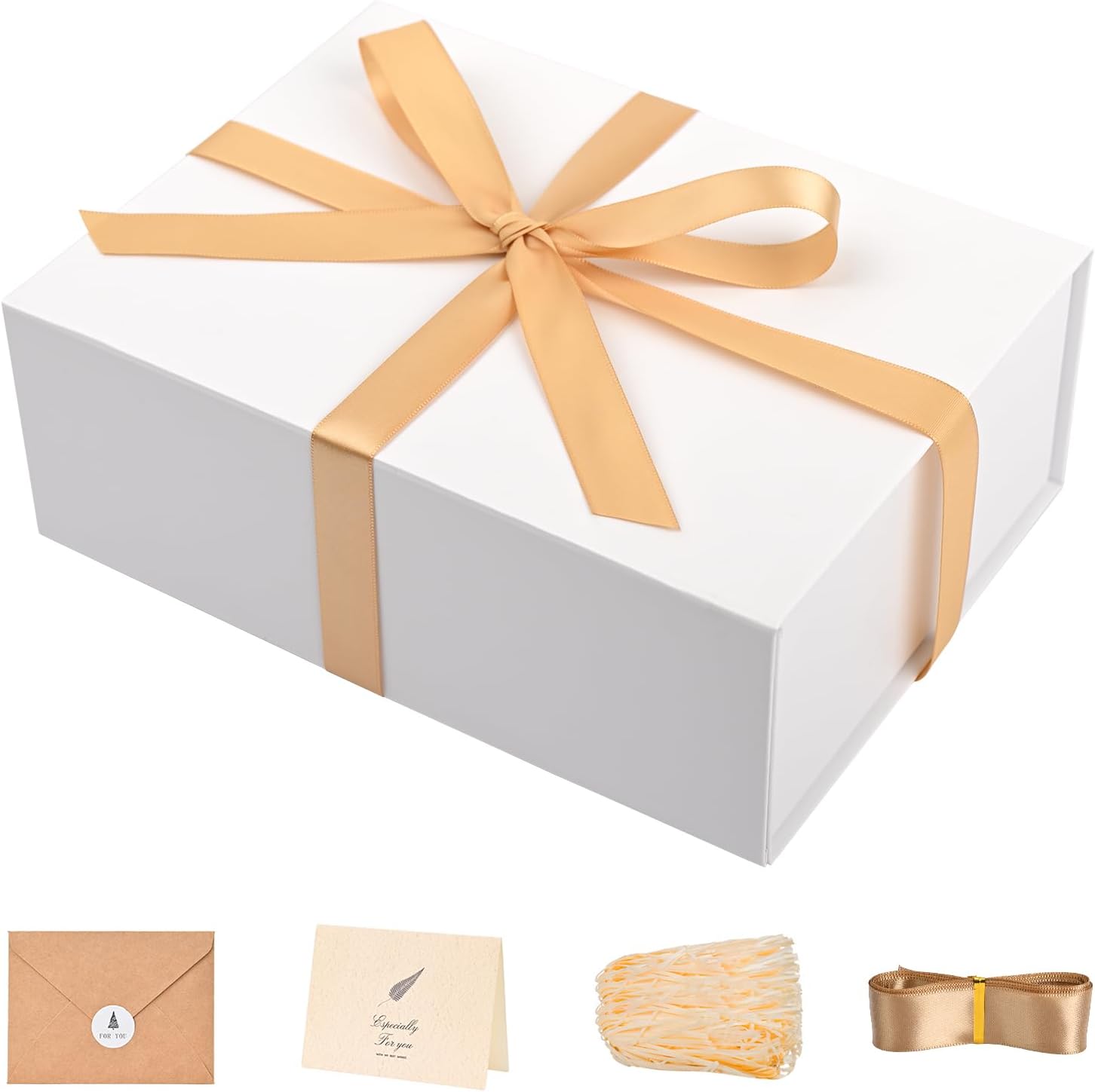 White Gift Box with Magnetic Lids for Presents, 9.5"x7"x3.5" | with Ribbon, Card & Paper Filler for Wedding, Bridesmaid Proposal, Graduation & Birthday, 1 Pack