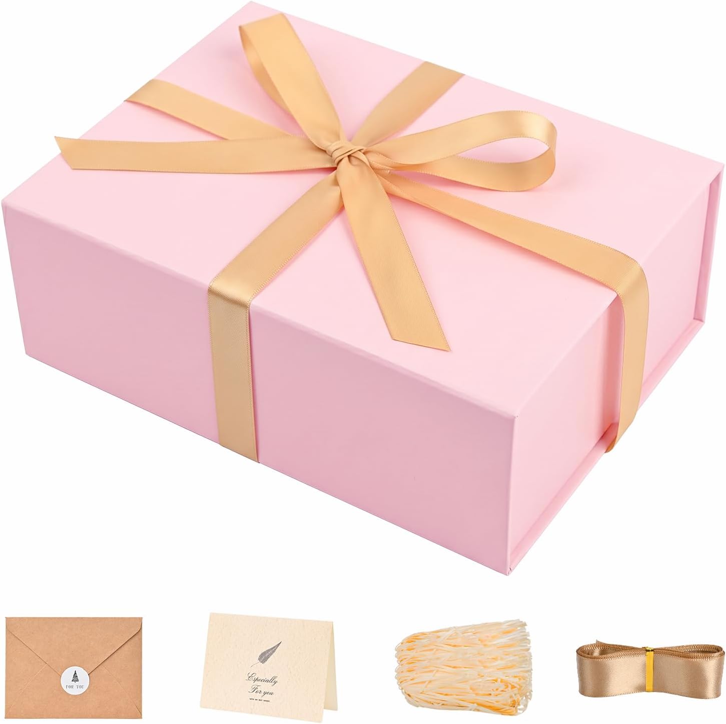 Pink Gift Box with Magnetic Lids for Presents, 9.5"x7"x3.5" | with Ribbon, Greeting Card & Filler for Women, Birthday, Bridesmaid Proposal & Wedding, 1 Pack