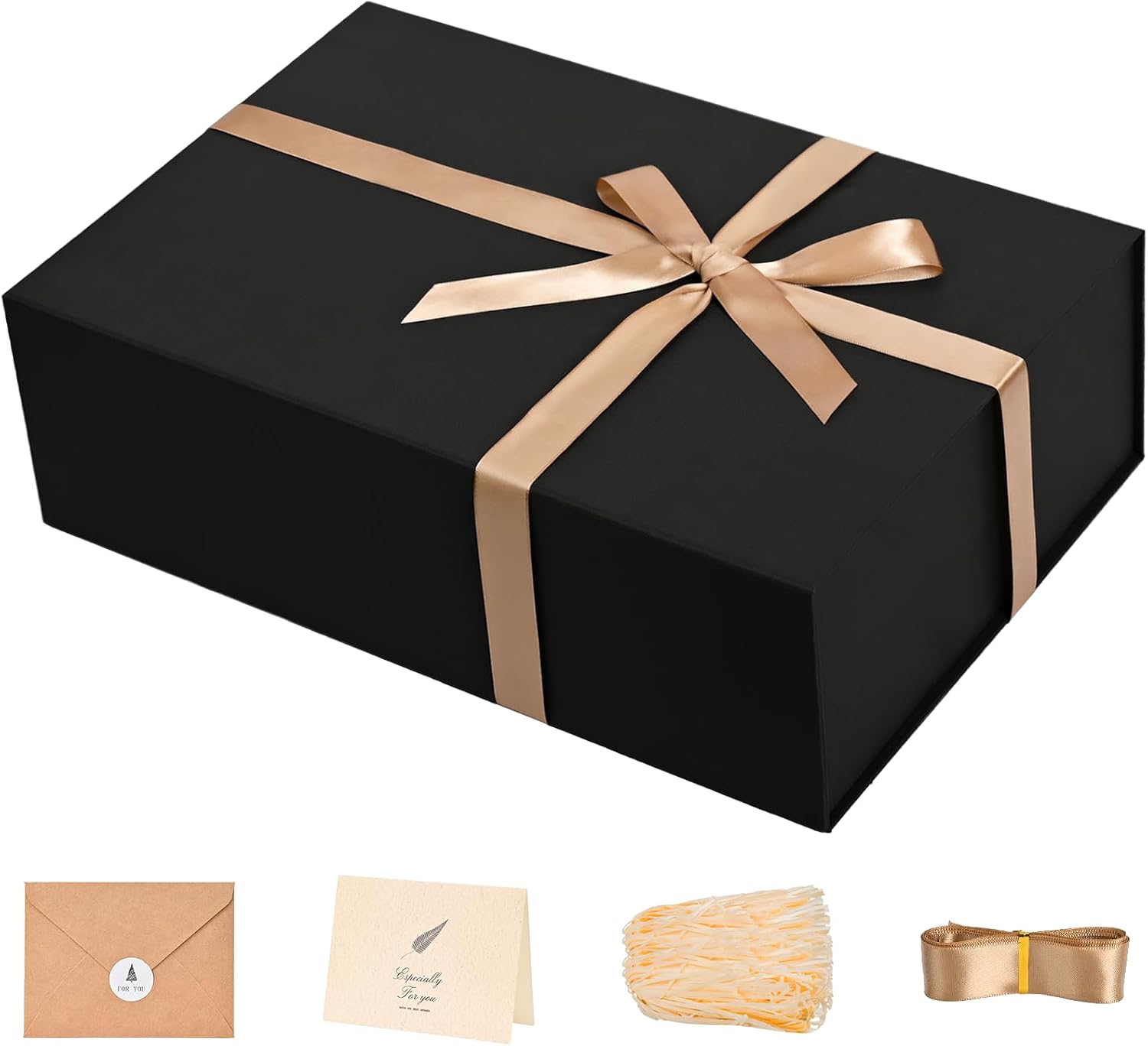 Black Gift Box with Magnetic Lids for Presents, 9.5"x7"x3.5" | with Ribbon, Card & Shredded Filler for Men, Birthday, Christmas, Father's Day & Groomsmen, 1 Pack