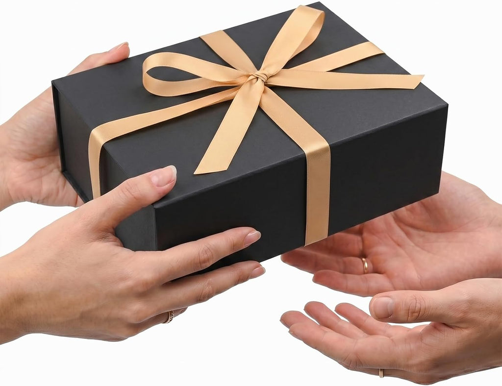 Black Gift Box with Magnetic Lids for Presents, 9.5"x7"x3.5" | with Ribbon, Card & Shredded Filler for Men, Birthday, Christmas, Father's Day & Groomsmen, 1 Pack