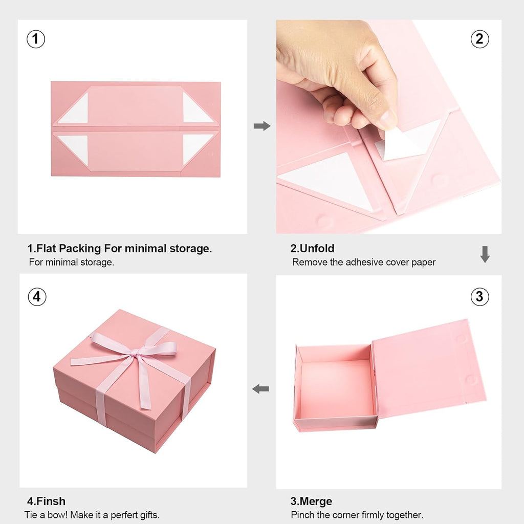 Pink Gift Boxes with Lids Pack of 1, 6x6x3 Inches Small Gift Box with Ribbon, Collapsible Gift Boxes with Magnetic Closure for Presents, Bridesmaid Proposal Box for Family Mom Girlfriend