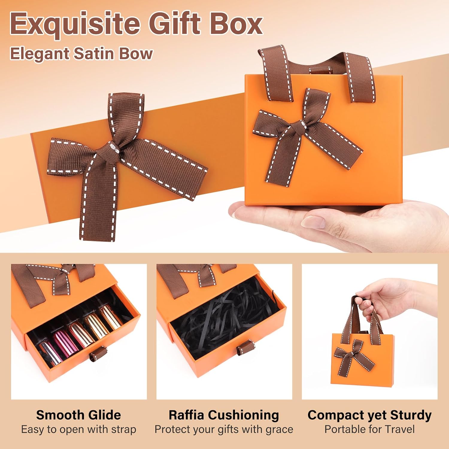 4.7x3.9x2'' Small Orange Drawer Storage Gift Box for Women Men, Empty Wrap Gift Box, Decorative Storage Boxes for Gifts Presents, Mini Paper Boxes with Ribbon for Travel Spray Pump Bottles