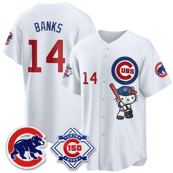 Chicago Cubs #14 Ernie Banks White Thaam Meow KT All Stitched Jersey