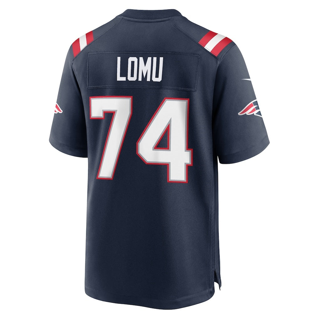 NE.Patriots #74 Caleb Lomu Navy Team Game Jersey Thaam