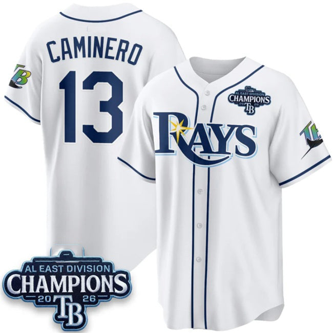 Tampa Bay Rays #13 Junior Caminero White 2026 AL East Champions Patch Limited Stitched Jersey THAAM